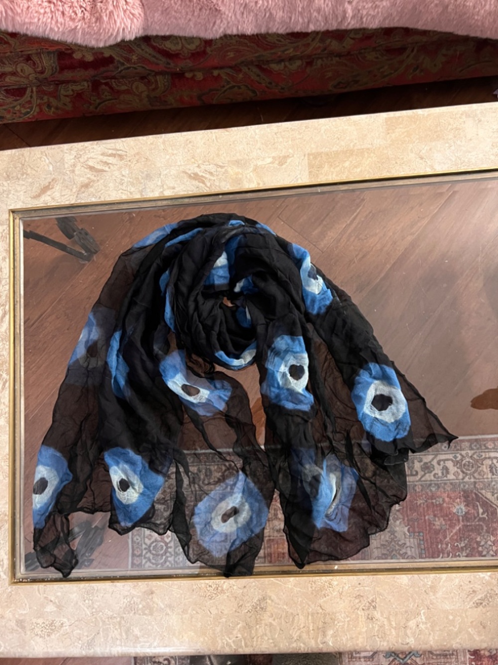 Sheer black scarf wrap adorned w/striking blue&white evil eye (Nazar) motif